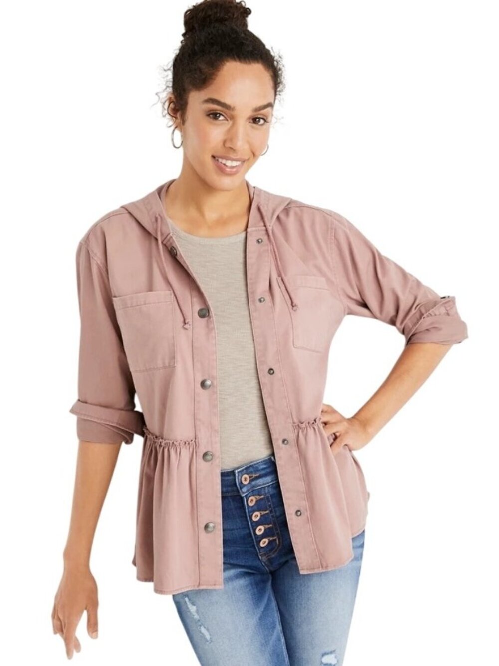 Maurices Babydoll Hooded Jacket Medium Snap Front Long Sleeve Peplum Pink Cotton